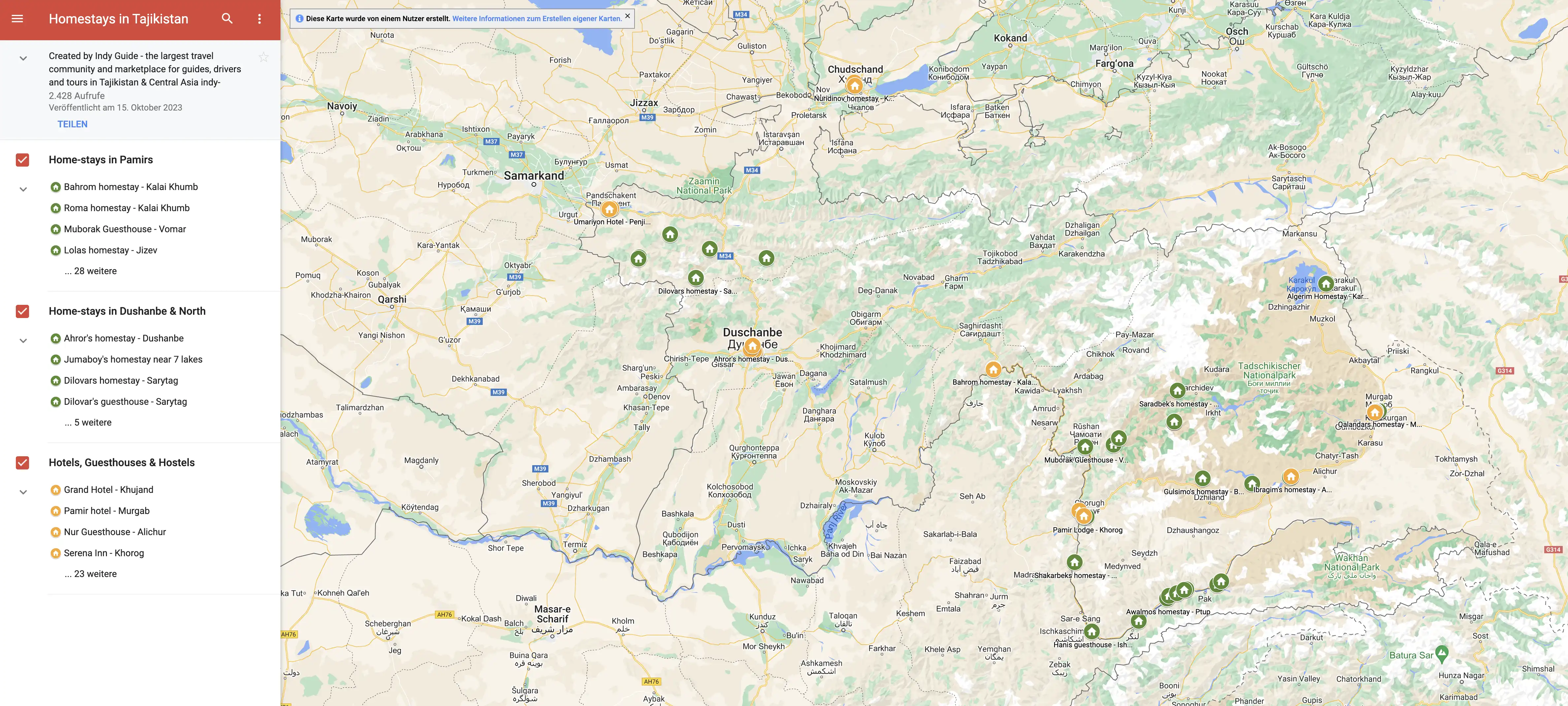 Map of Homestays in Tajikistan